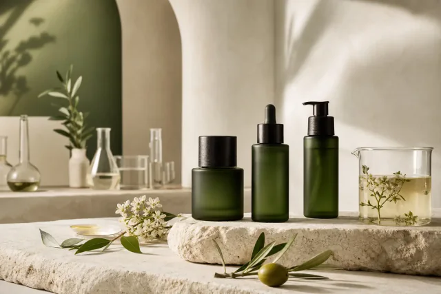 Cosmetic formulation laboratory with forest green bottles