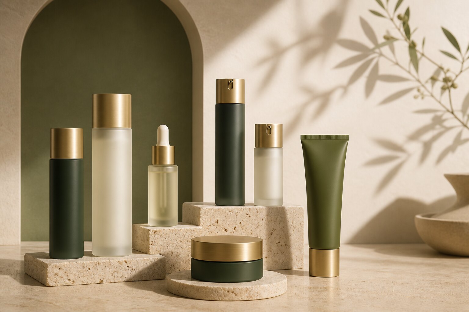 Premium cosmetic packaging on warm stone pedestals